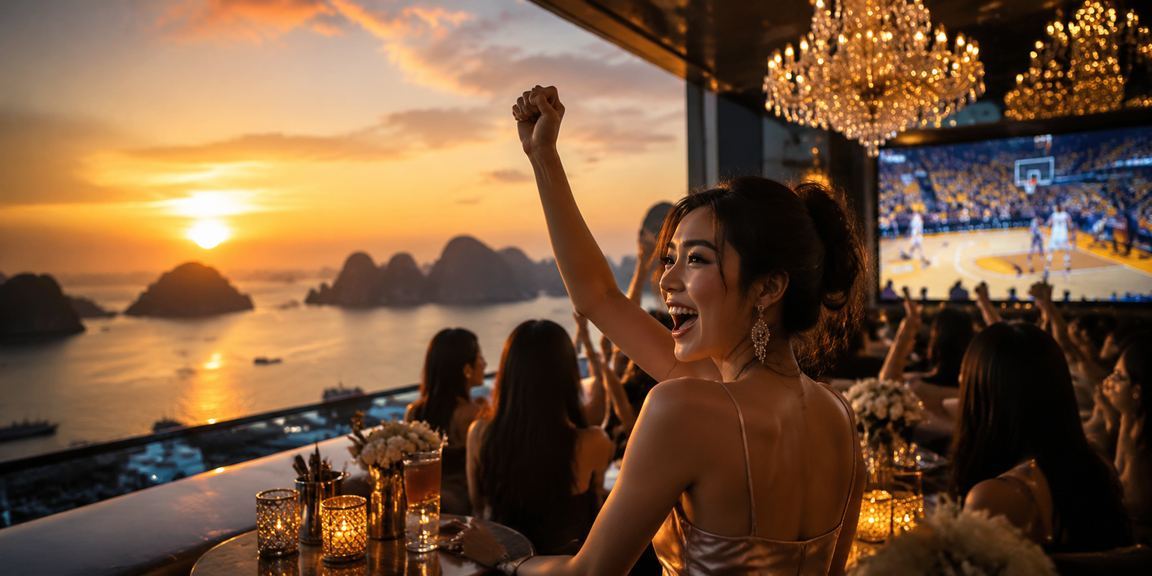 Cảnh Vịnh Hạ Long về đêm với người dùng theo dõi cược bóng rổ trên điện thoại
